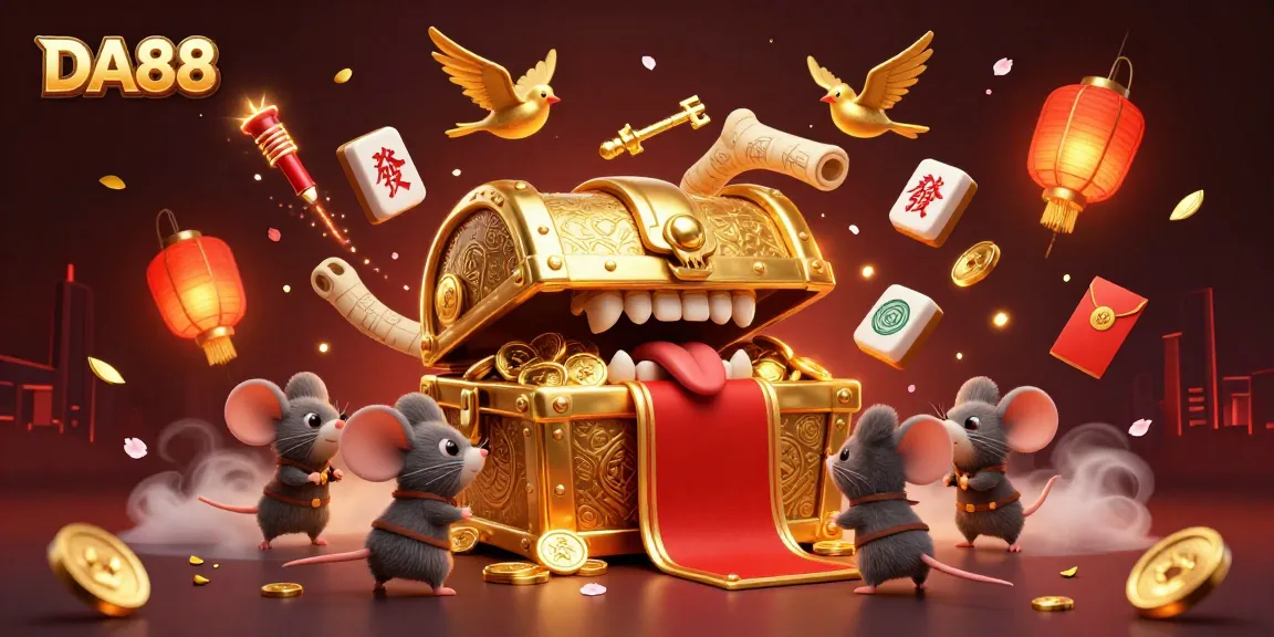 Engage with DA88, a vibrant 3D casino scene filled with treasures and festive elements, creating an inviting atmosphere.