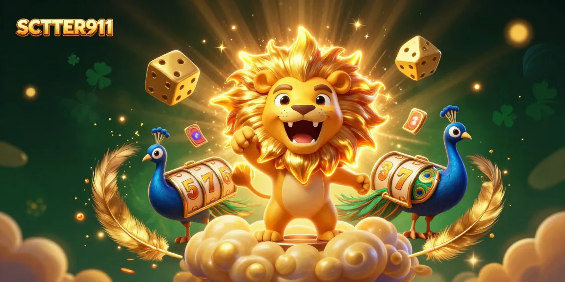 Experience thrilling slots with SCATTER911's vibrant 3D illustration of a roaring lion and golden dice!