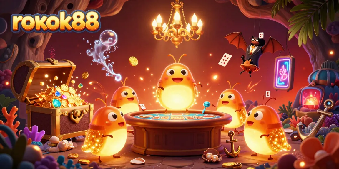 Experience the excitement of rokok88 with glowworms in a vibrant 3D casino scene.