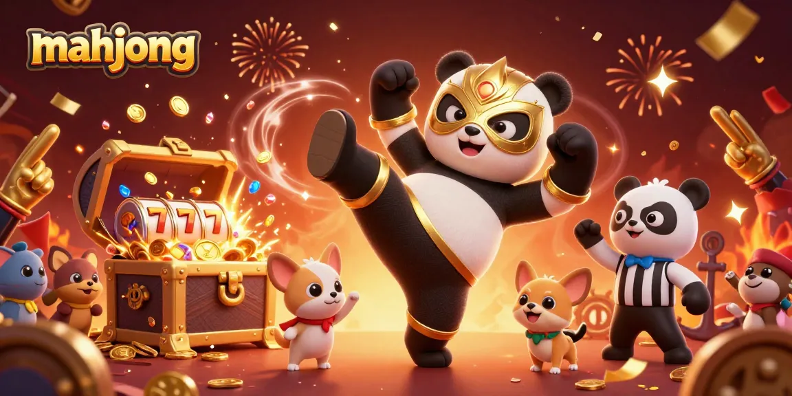Experience thrilling mahjong gaming with panda wrestler and vibrant casino elements.