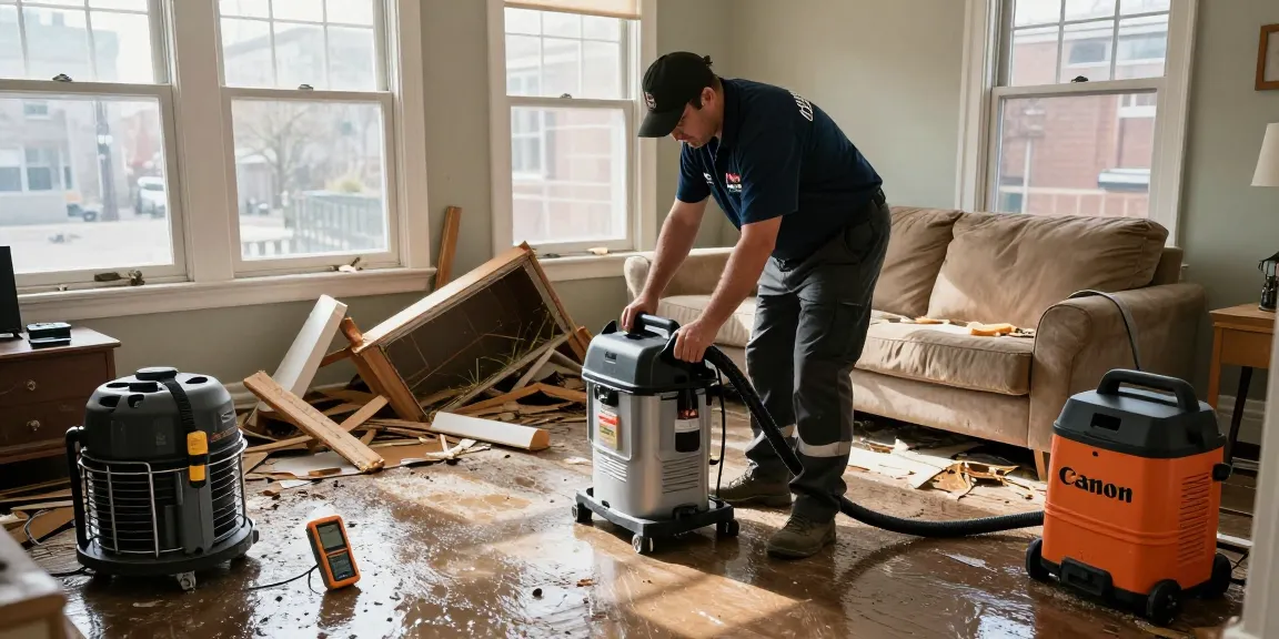 Disaster restoration services in Chicago with technician extracting water and restoring home.