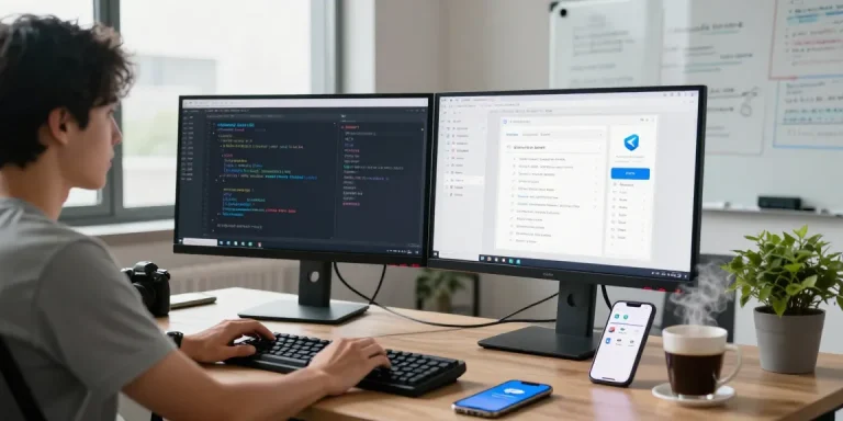 Developer coding the Telegram Chinese version APK in a modern workspace, focusing on tech innovation.