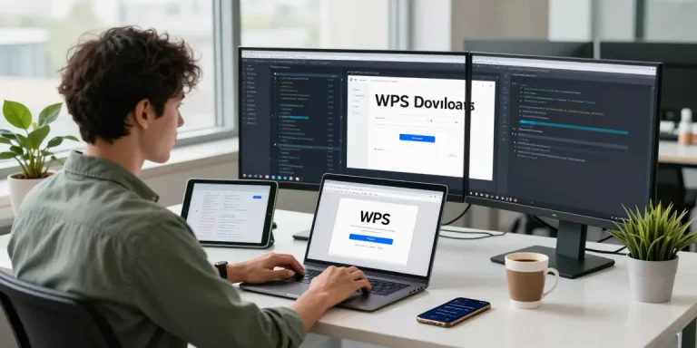 WPS Download on a laptop in a modern tech workspace, showcasing productivity applications and accessories in a bright, innovative office.