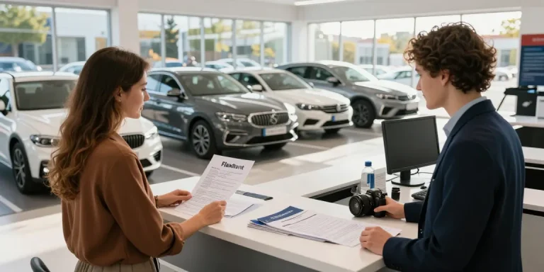 Customer engaging with FlexRent staff in a modern car rental setting showcasing friendly service and diverse vehicle options.