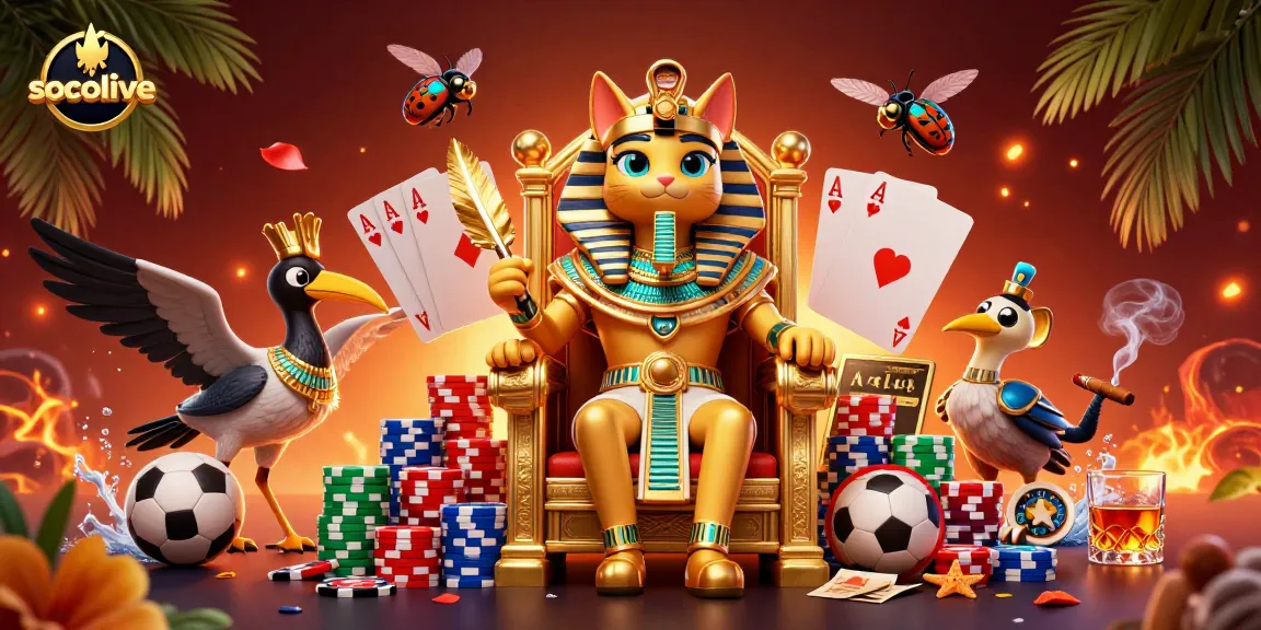 Socolive showcases an energetic scene featuring a pharaoh cat, sports elements, and vibrant casino effects.