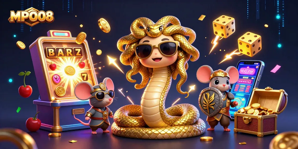 MPO08 unlocks endless fun with Medusa and a warrior mouse at a jubilant jackpot celebration scene.