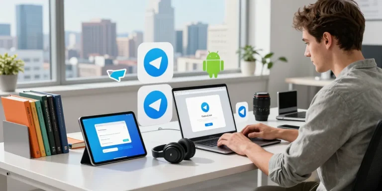 Developer working on Telegram Chinese version apk at a modern tech workspace.