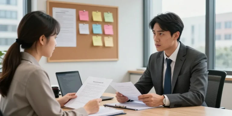 개인회생 상담 중인 변호사와 고객의 모습, 최신 사무실에서 진행되는 비대면 상담 장면