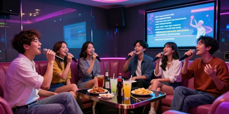 강남가라오케에서 친구들과 함께 신나는 시간을 보내는 모습, 고급스러운 조명과 음료가 어우러진 분위기