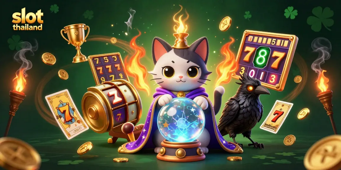 Engage with slot thailand in this vibrant casino illustration featuring magic, winning spirits, and dynamic gaming elements.