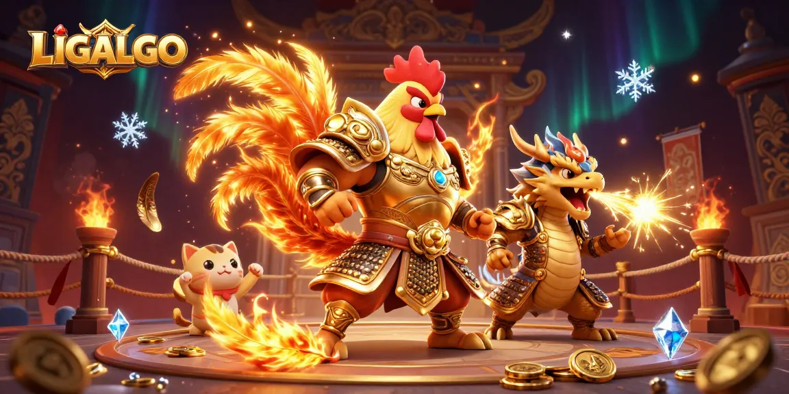 Join the LIGALGO gaming scene with cartoon characters in a dynamic, fiery casino arena.