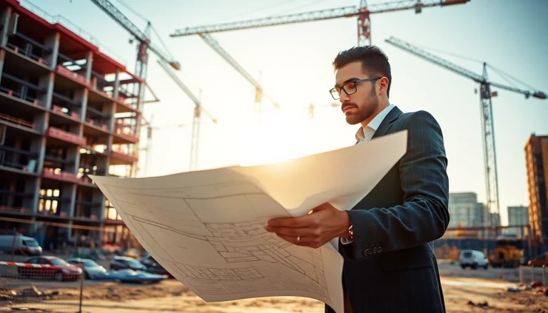 Real Estate Developer reviewing architectural plans at a vibrant construction site for urban development.