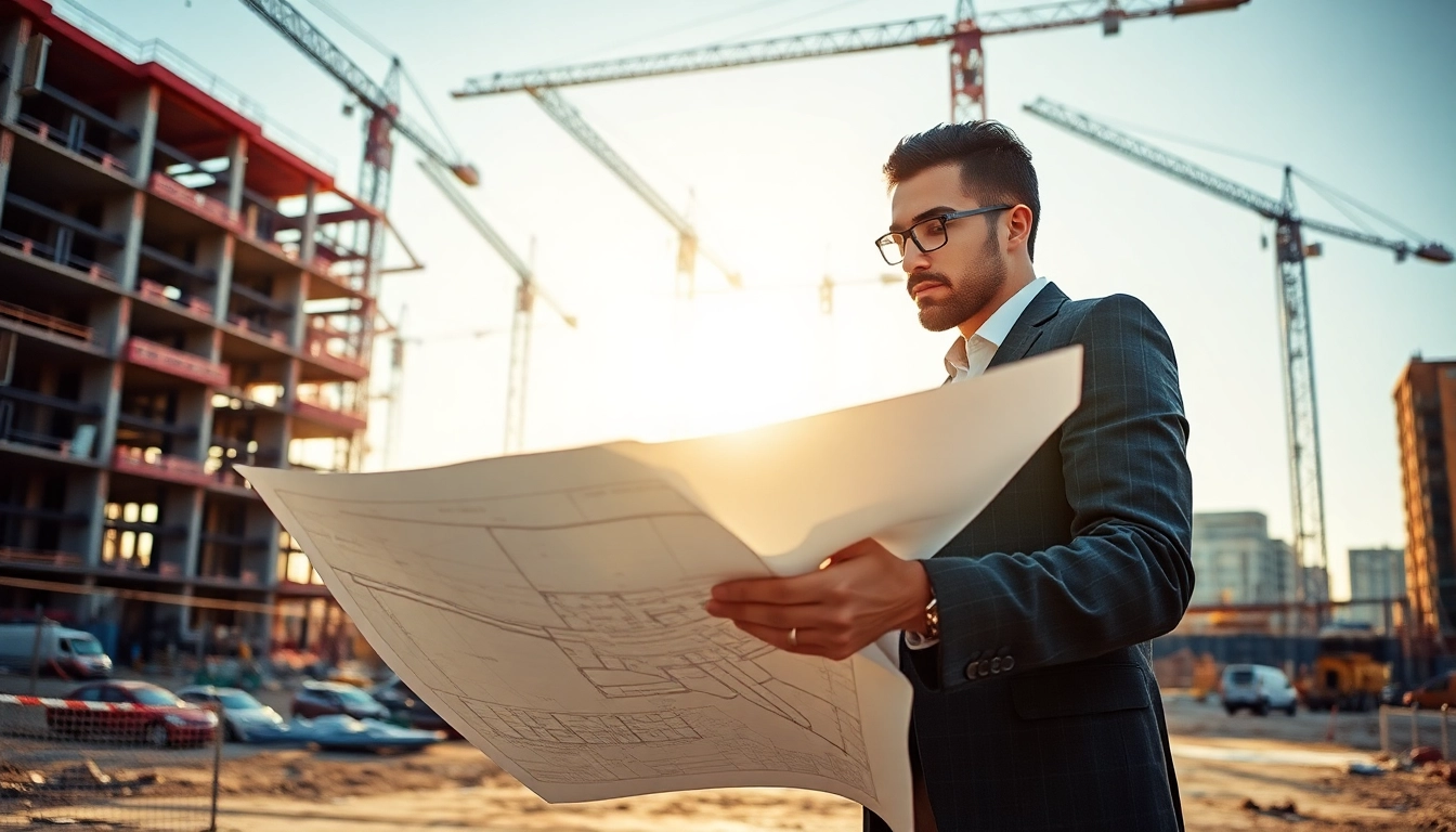 Real Estate Developer reviewing architectural plans at a vibrant construction site for urban development.