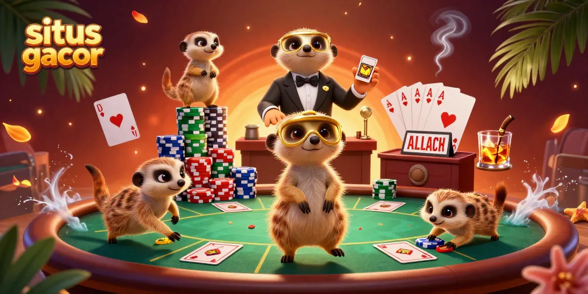 Experience captivating gaming at situs gacor with lively meerkats managing a vibrant casino scene.