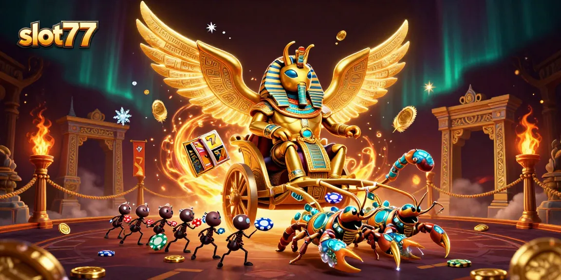 Experience the thrill of slot77 with a colossal golden scarab beetle in an epic casino scene.