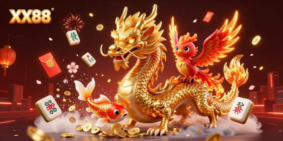 Experience the thrill of winning at XX88 with a dynamic 3D dragon and vibrant casino elements.