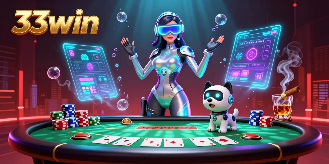 Experience the thrill of gaming at 33win with this vibrant 3D casino illustration showcasing poker action and holographic elements.
