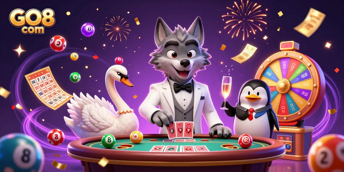 Experience excitement with GO8 com, as a debonair wolf and friends celebrate at a vibrant gambling scene.