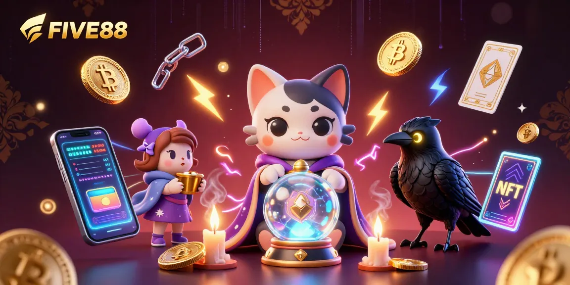 Join the excitement at FIVE88 Casino with animated mystical characters amid vibrant gambling elements.