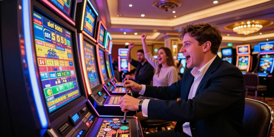 Excited player at a slot 5000 machine in a vibrant casino.
