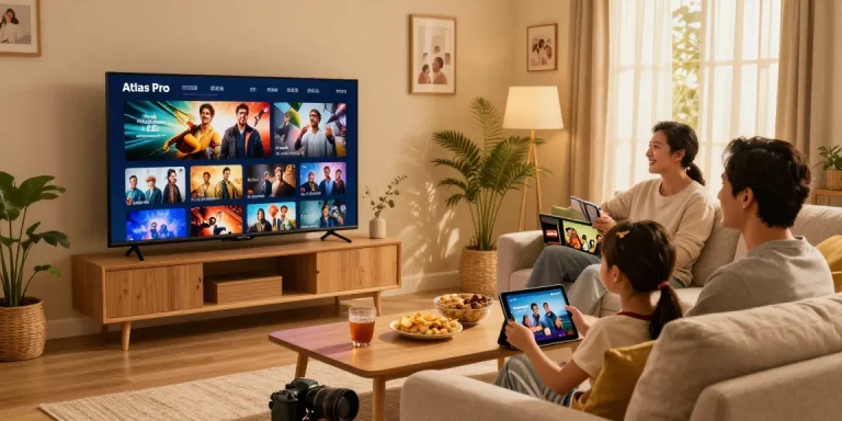Family enjoying Atlas Pro IPTV entertainment in a cozy living room.