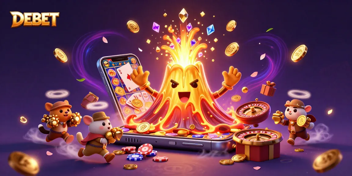 Experience thrilling gameplay with DEBET's vibrant casino illustration featuring treasure and dynamic game elements.
