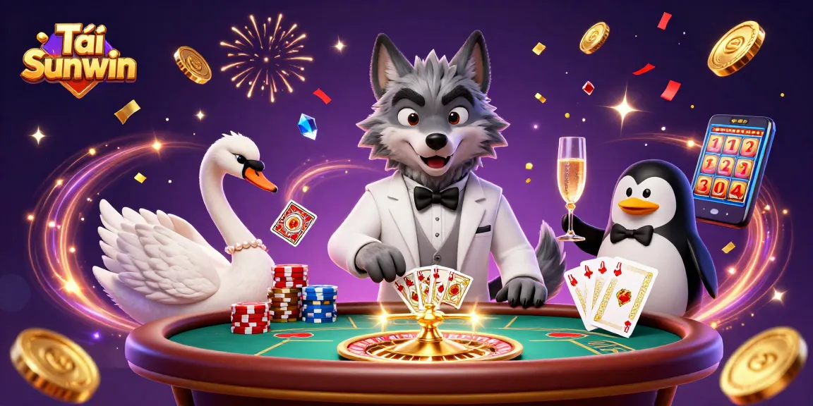 Tải Sunwin through a vibrant casino scene featuring a debonair wolf, elegant swan, and sophisticated penguin.