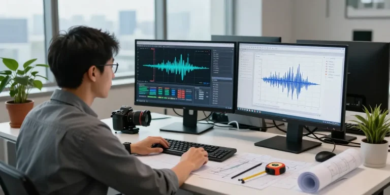 Technician analyzing seismic cable specifications at engineering desk with screens showing technical data.