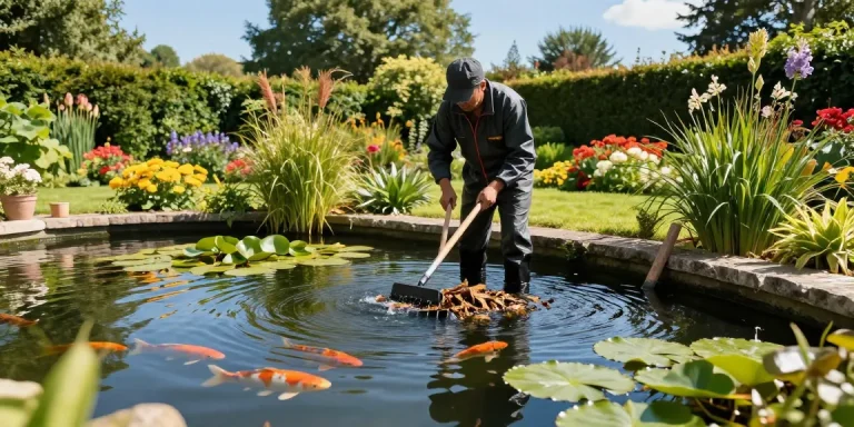 Pond Clean Essex professional cleaning serene garden pond with koi fish, bright sunny day.