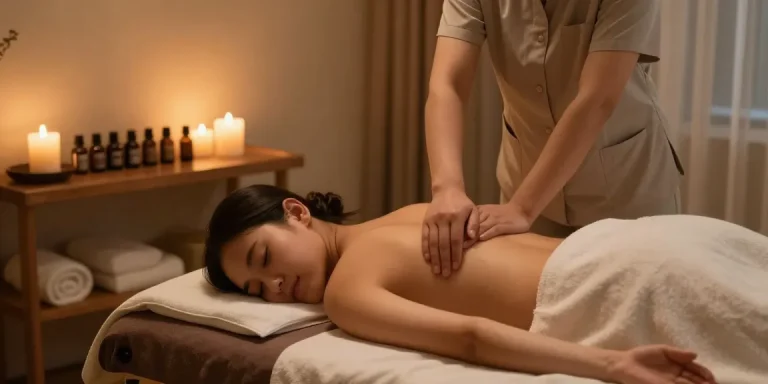 마사지 받는 모습과 아로마 오일이 있는 편안한 마사지실.