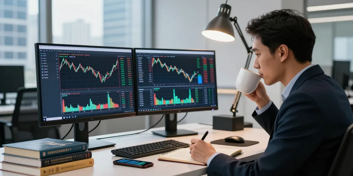 Professional trader using MetaTrader 5 with dual monitors for market analysis in a modern office.