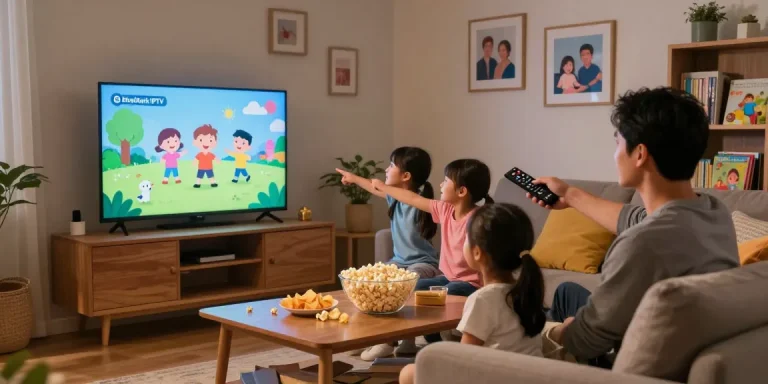 Family enjoying BlueShark IPTV streaming on a cozy living room TV.