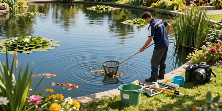 Pond Clean Essex professional removing debris from a serene pond, showcasing expert maintenance and vibrant aquatic life.
