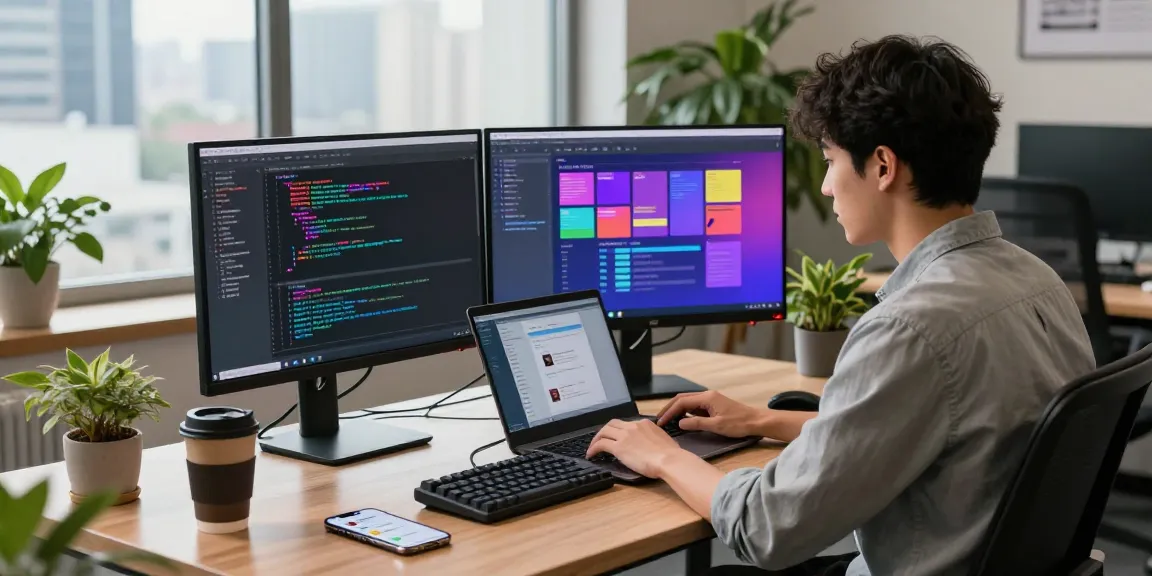 Workspace featuring a developer coding on a laptop with dual monitors in a modern office, showcasing the essence of 纸飞机中文版官网 technology.