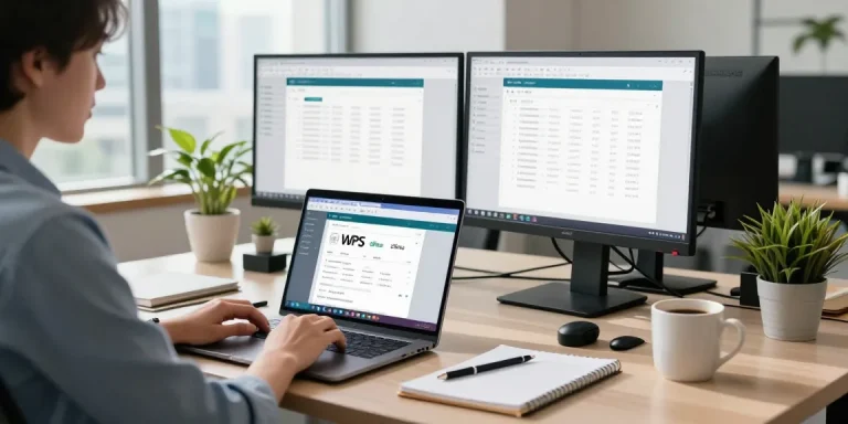 Download WPS Office in a modern workspace with productivity tools, natural light enhancing focus and creativity.