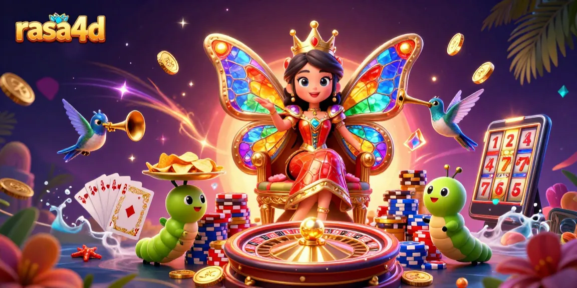 Menggandeng rama-rama raja 3D dari rasa4d, kasino digital dengan koin dan kartu bermain bersinar
