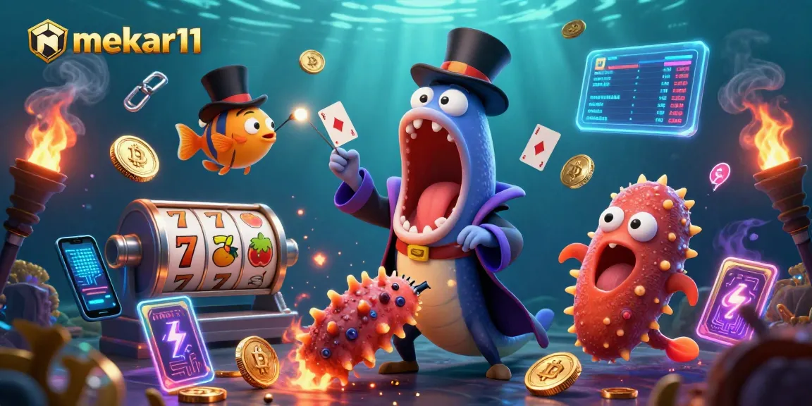 Experience thrilling gameplay with mekar11, featuring dynamic card tricks and glowing cryptocurrencies.