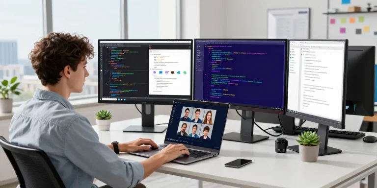 Young developer coding the 纸飞机中文版 app in a modern workspace.