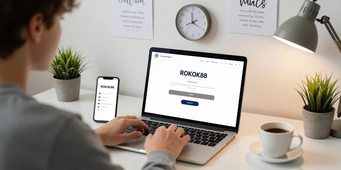 rokok88 login interface displayed on a laptop as a stylish person enters credentials.