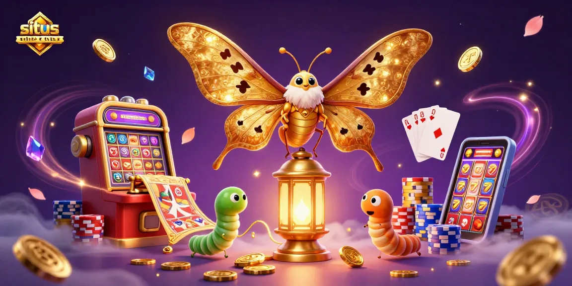 Situs toto lottery scene with golden moth, cascading coins, and vibrant casino elements