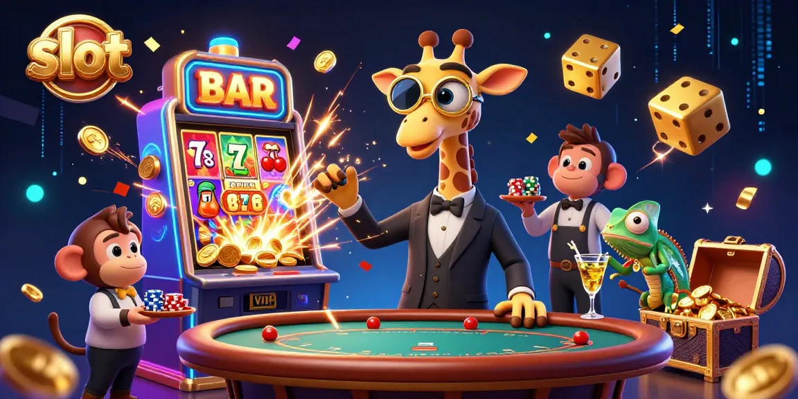 Spin exciting slot games with a 3D cartoon giraffe, chameleon, and monkey in this vibrant casino scene.