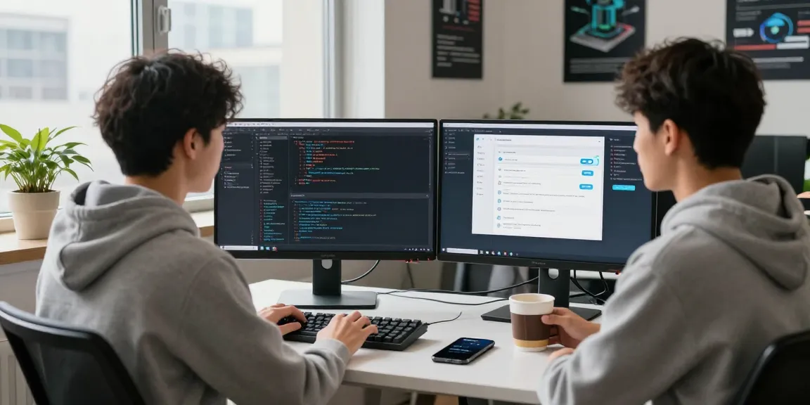 Dynamic tech workspace featuring the 纸飞机中文版官网 app, with monitors displaying coding and messaging.