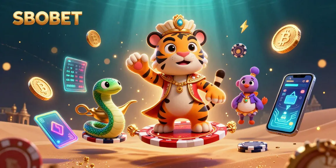 SBOBET's enchanting 3D illustration showcases a tiger sultan on a poker chip carpet with crypto elements, creating a vibrant gaming scene.