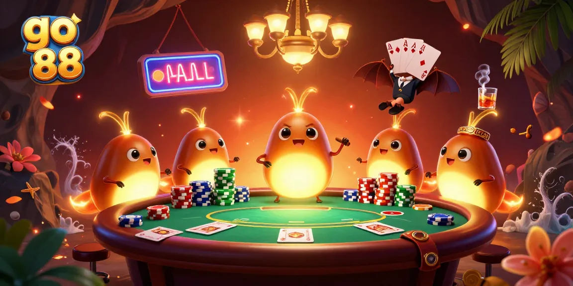 Engage with the lively go 88 cave casino scene featuring glowworms and poker elements.