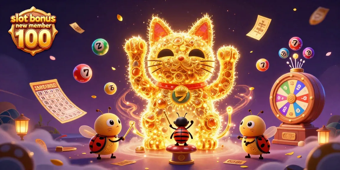 Engaging illustration showcasing slot bonus new member 100 with a lucky cat anddynamic casino elements.