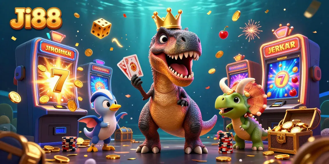 Experience thrilling Ji88 slots with a T-Rex shuffling cards alongside vibrant casino elements.