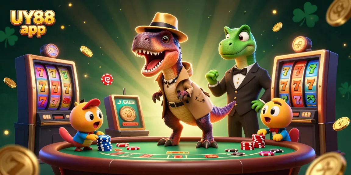 Engage with the UY88 app, showcasing a 3D velociraptor card counter and casino excitement at a blackjack table.