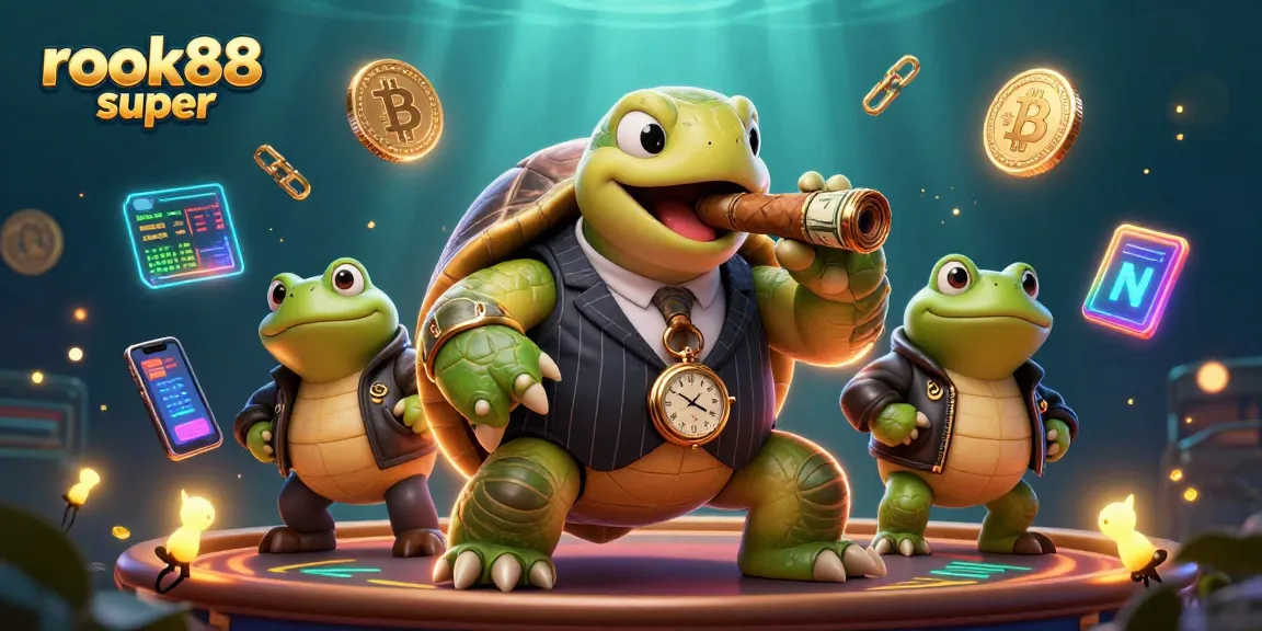 Engage with rokok88 super in a vibrant casino scene featuring a mobster turtle and bullfrogs.