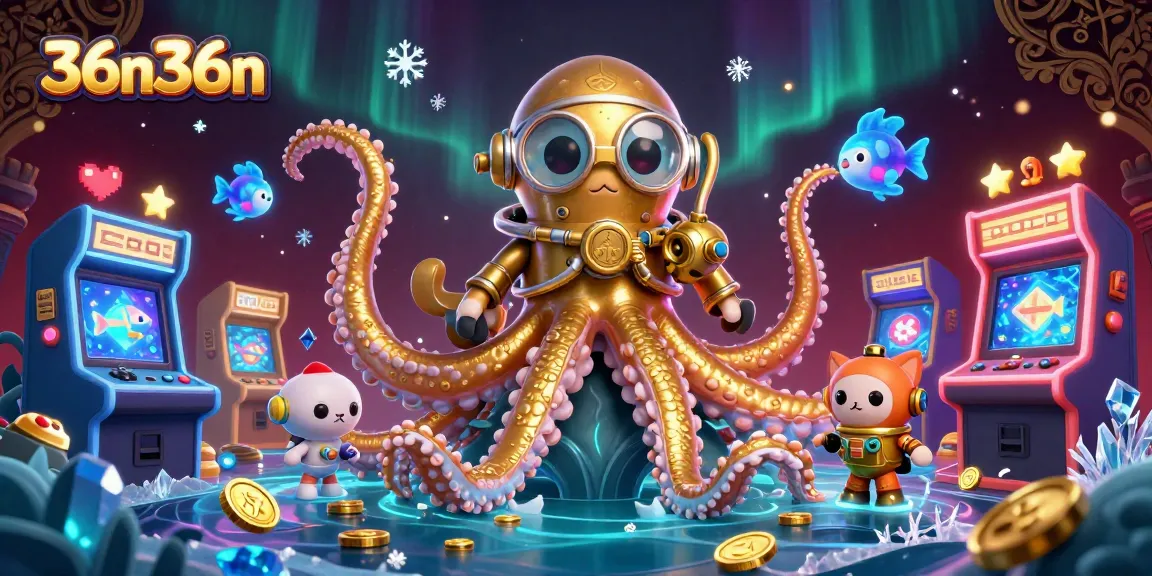 Jogue no 36n36n e descubra uma cena vibrante com um kraken e elementos de jogos de cassino.