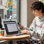 Young adult reviewing the Kakobuy spreadsheet amidst urban café vibes.